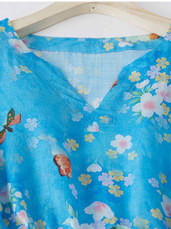 Cotton And Linen Printed Retro Art Waistband Dress