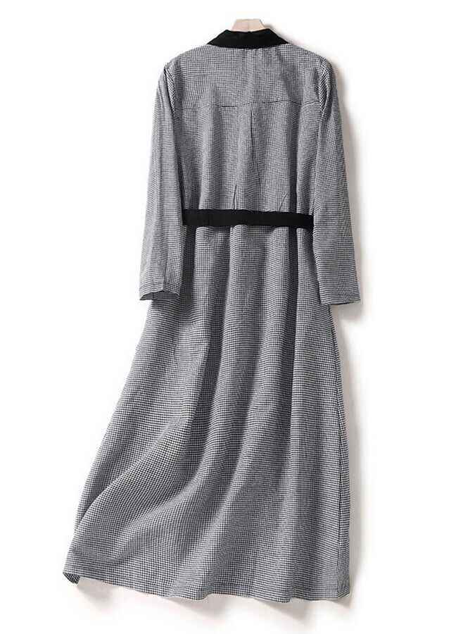 Cotton Vintage Belt Plaid Long Sleeve Dress