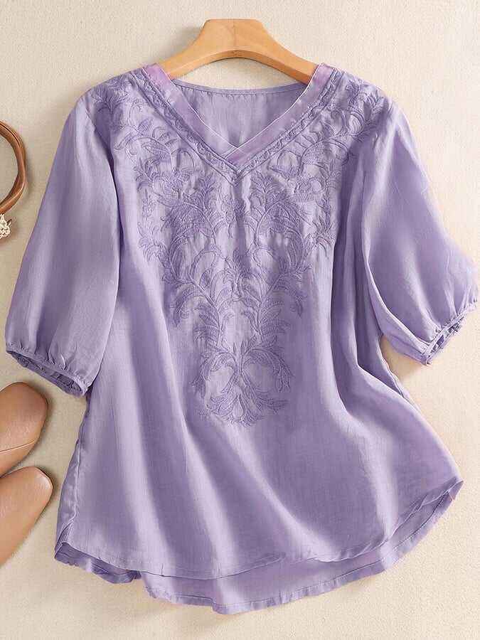 Mesh Embroidery V-Neck Loose Casual Shirt