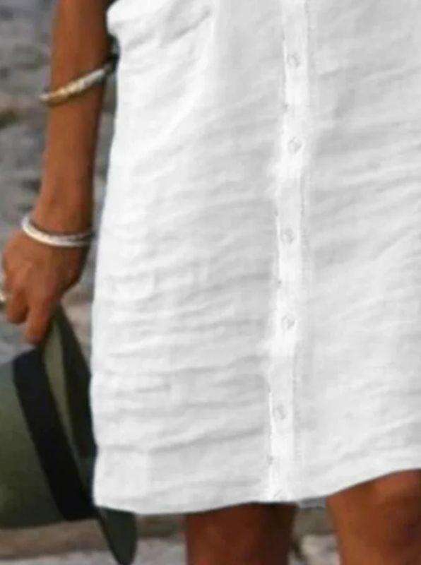 Lapel Buttoned Solid Color Cotton & linen Shirt Dress