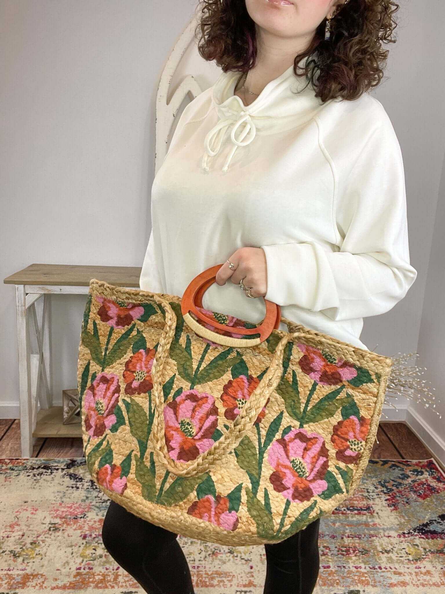 Poppy Painted Nell Wood Handle Jute Tote Bag
