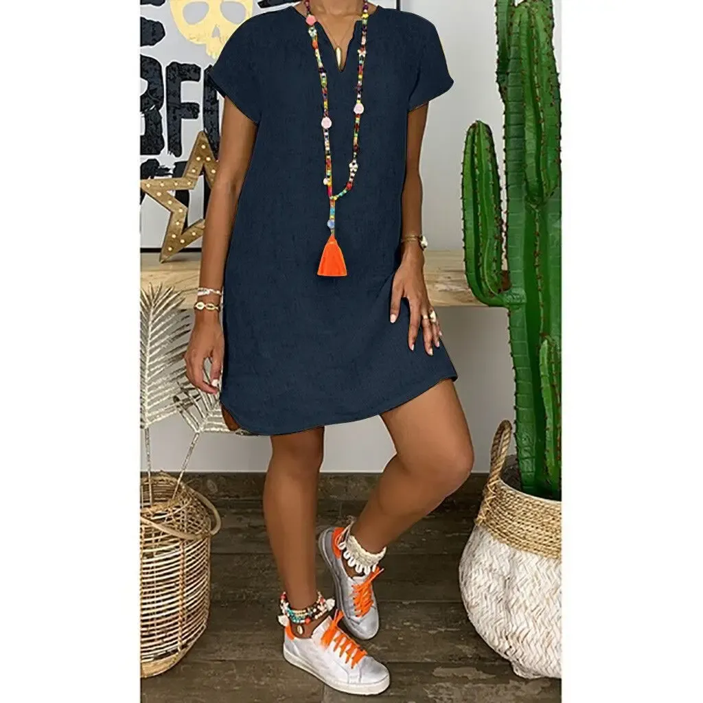 Summer loose solid color short sleeved V-neck cotton linen dress