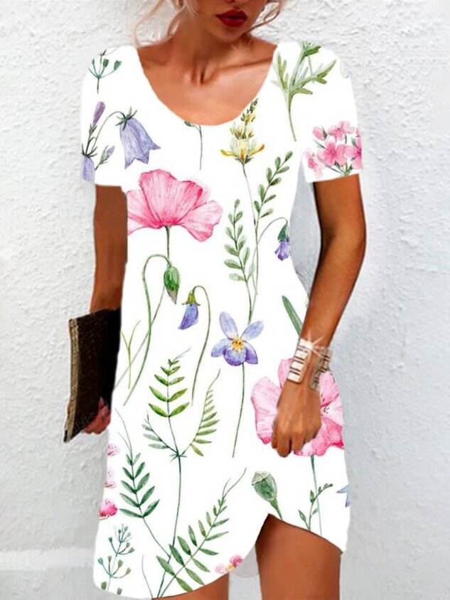 Floral Print Short Sleeve Crew Neck Dress