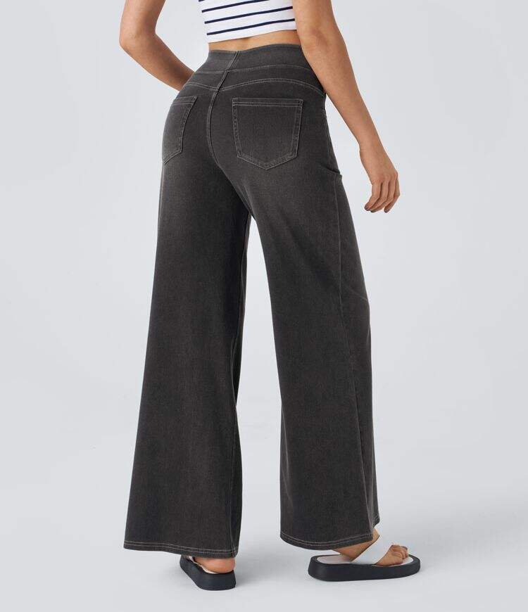 High Waisted Multiple Pockets Wide Leg Washed Stretchy Knit Casual Jeans