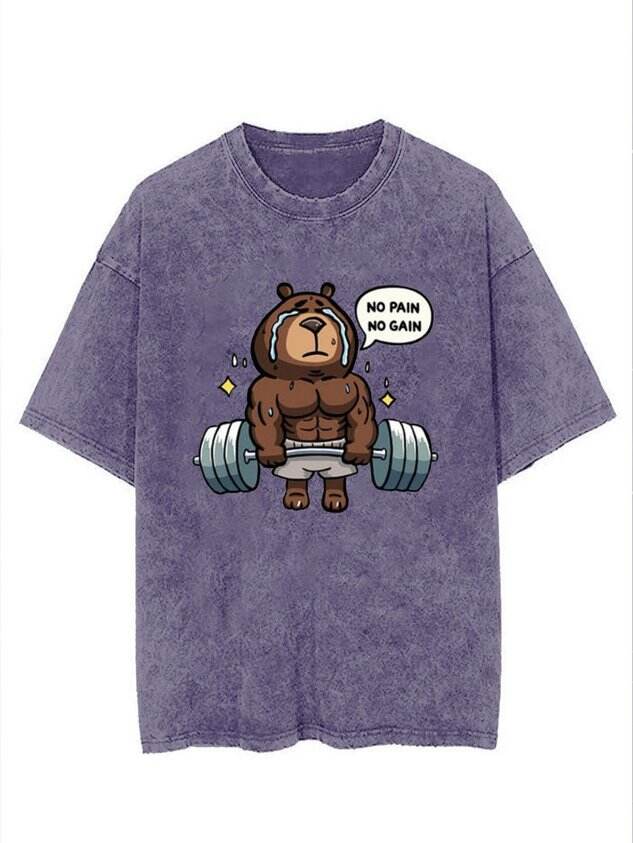 Funny Fitness Bear Print Washed T-Shirt