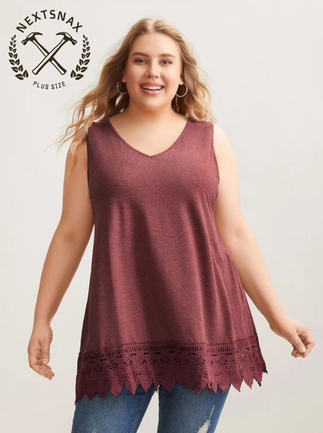 Heathered Stretchy Lace Hem Sleeveless Top