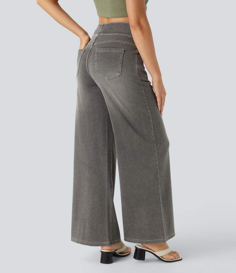 High Waisted Multiple Pockets Wide Leg Washed Stretchy Knit Casual Jeans