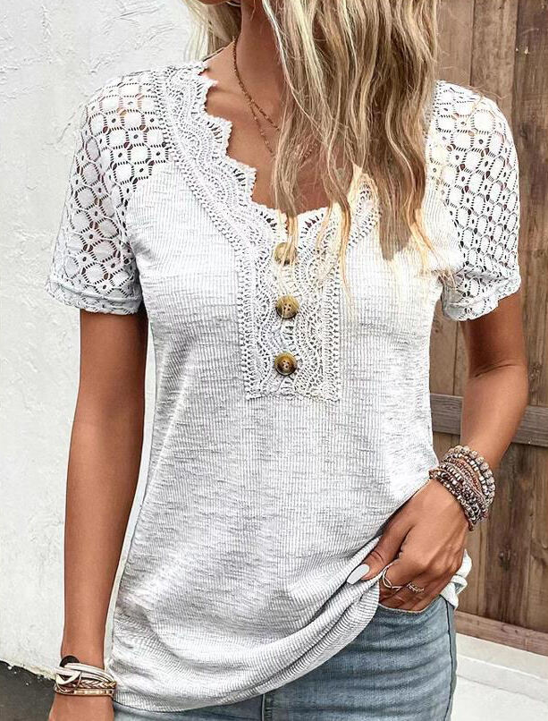 Lace Trim V Neck Loose Button Top