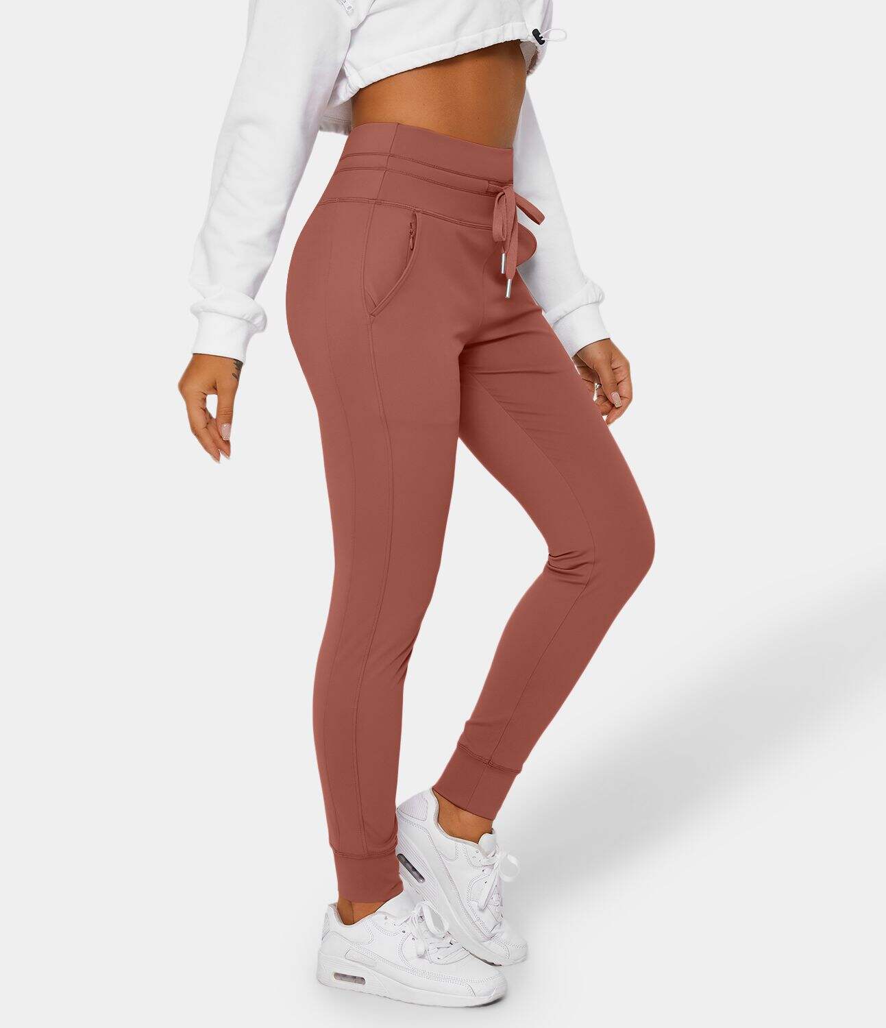 Airy High Waisted Drawstring Side Pocket Plain Cool Touch Full Length Joggers-UPF50+