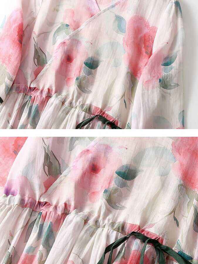 Cotton Linen Pink Printed Loose And Thin V-Neck Long Skirt With Pockets