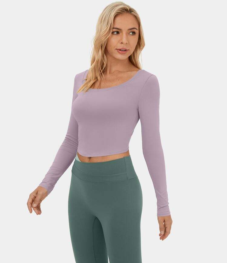 Long Sleeve Backless Cut Out Tie Back Cropped Barre Ballet Dance Sports Top