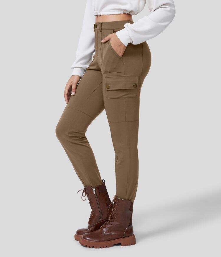 High Waisted Button Zipper Multiple Pockets Solid Skinny Hiking Cargo Pants