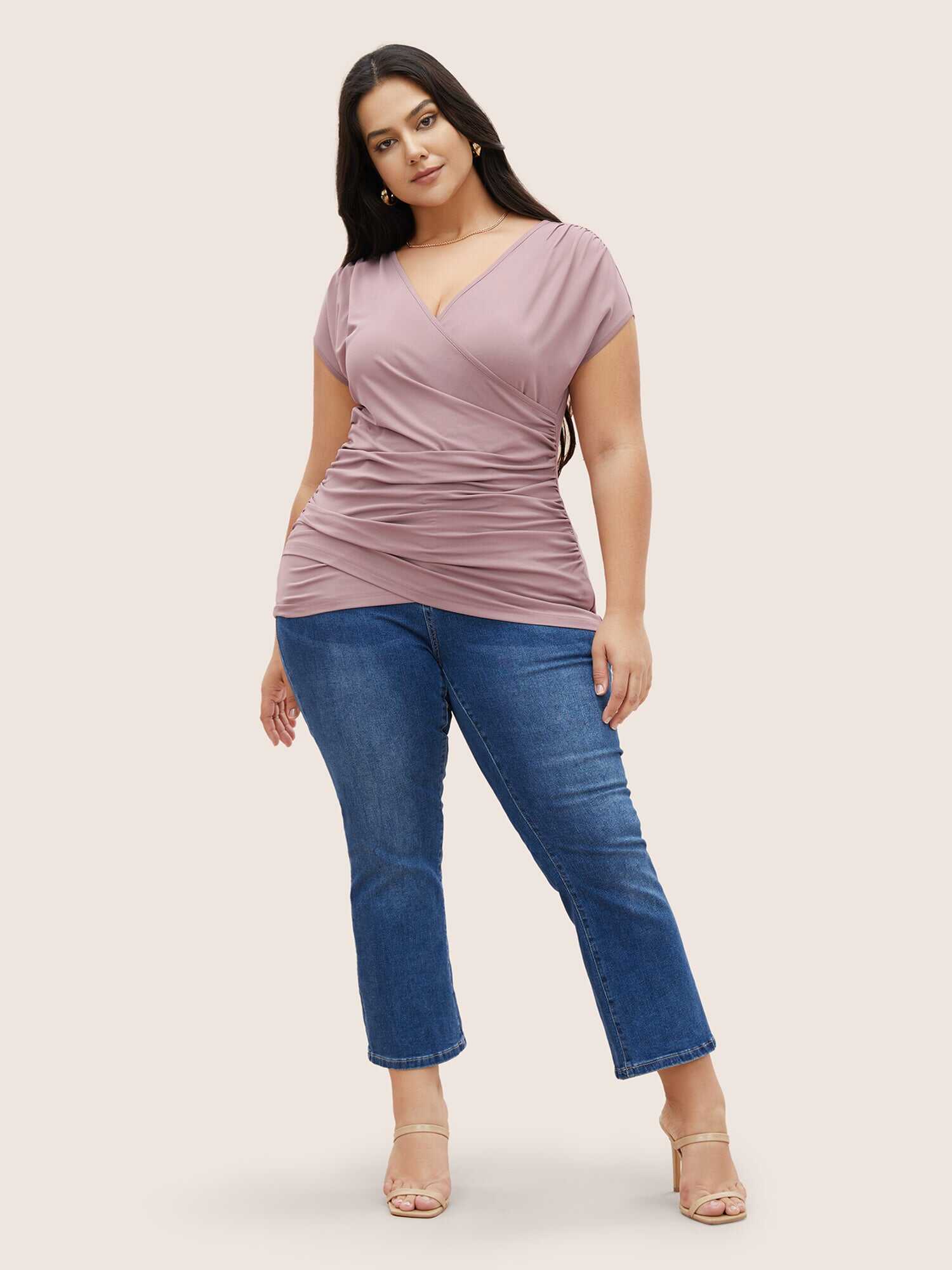 Plain Ruched Overlap Collar Dolman Sleeve Knit Top