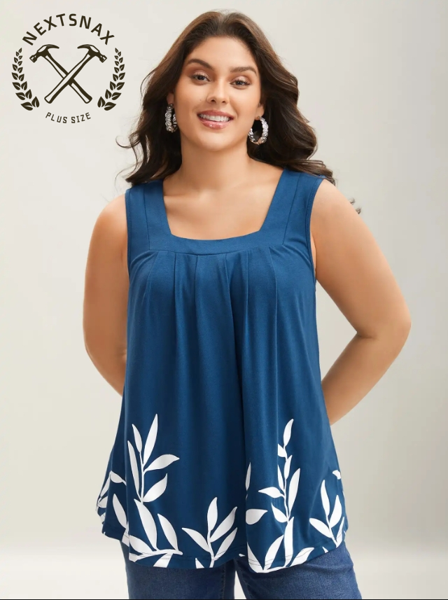 Leafy Printed Hem Pleated Sleeveless Top