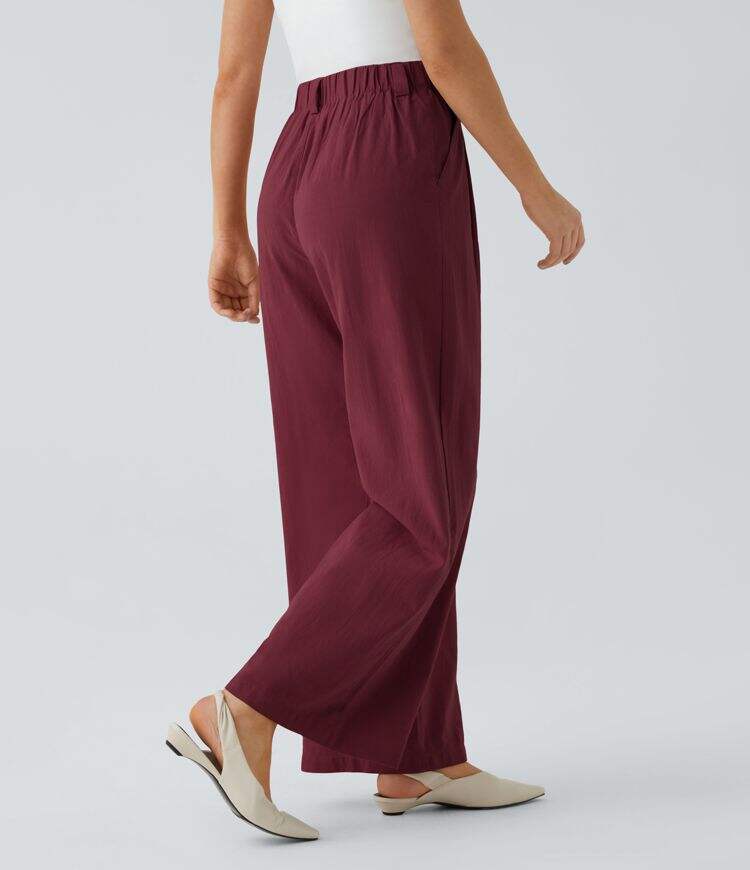 High Waisted Plicated Side Pocket Wide Leg Flowy Solid Palazzo Casual Linen-Feel Pants