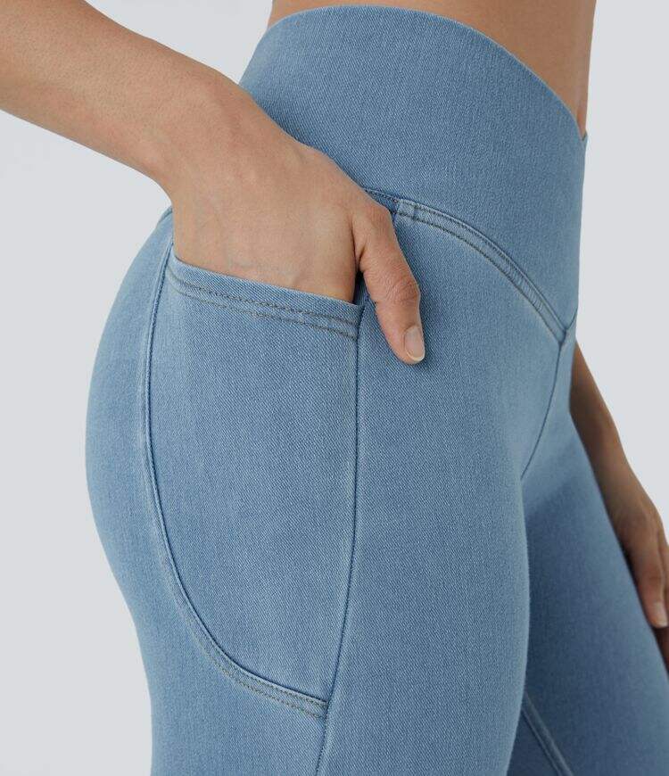 Crossover Side Pocket Washed Stretchy Knit Denim Work Leggings