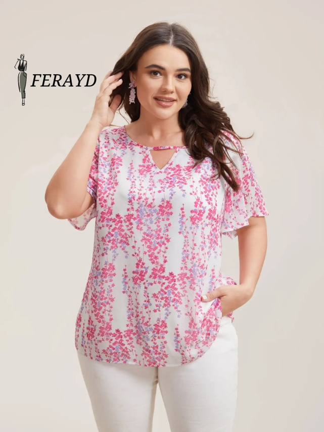 Floral Neck Cut-Out Flutter Sleeve Shirt
