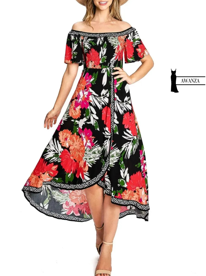 Black and Red Floral Off - Shoulder Dress