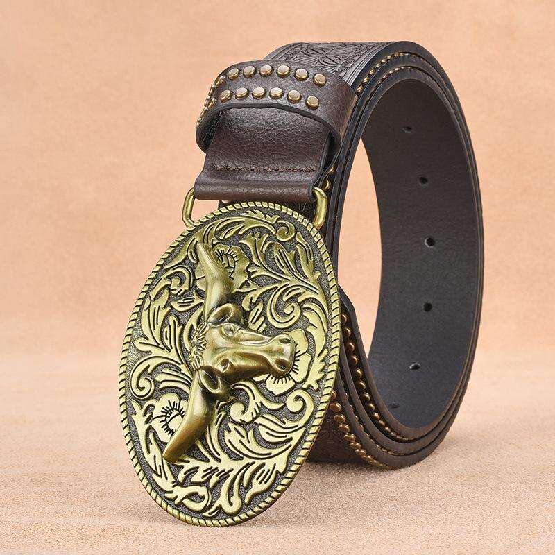 Men's Western Cowboy Style Vintage Rivet Embossed Belt 33277436U