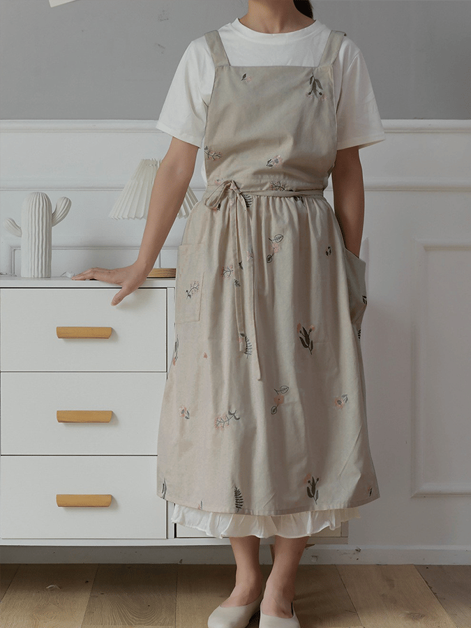Women's Cotton Flower Embroidery Apron