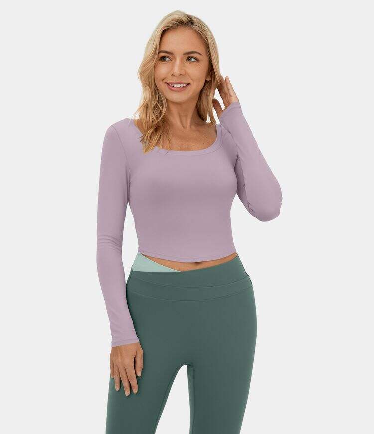 Long Sleeve Backless Cut Out Tie Back Cropped Barre Ballet Dance Sports Top