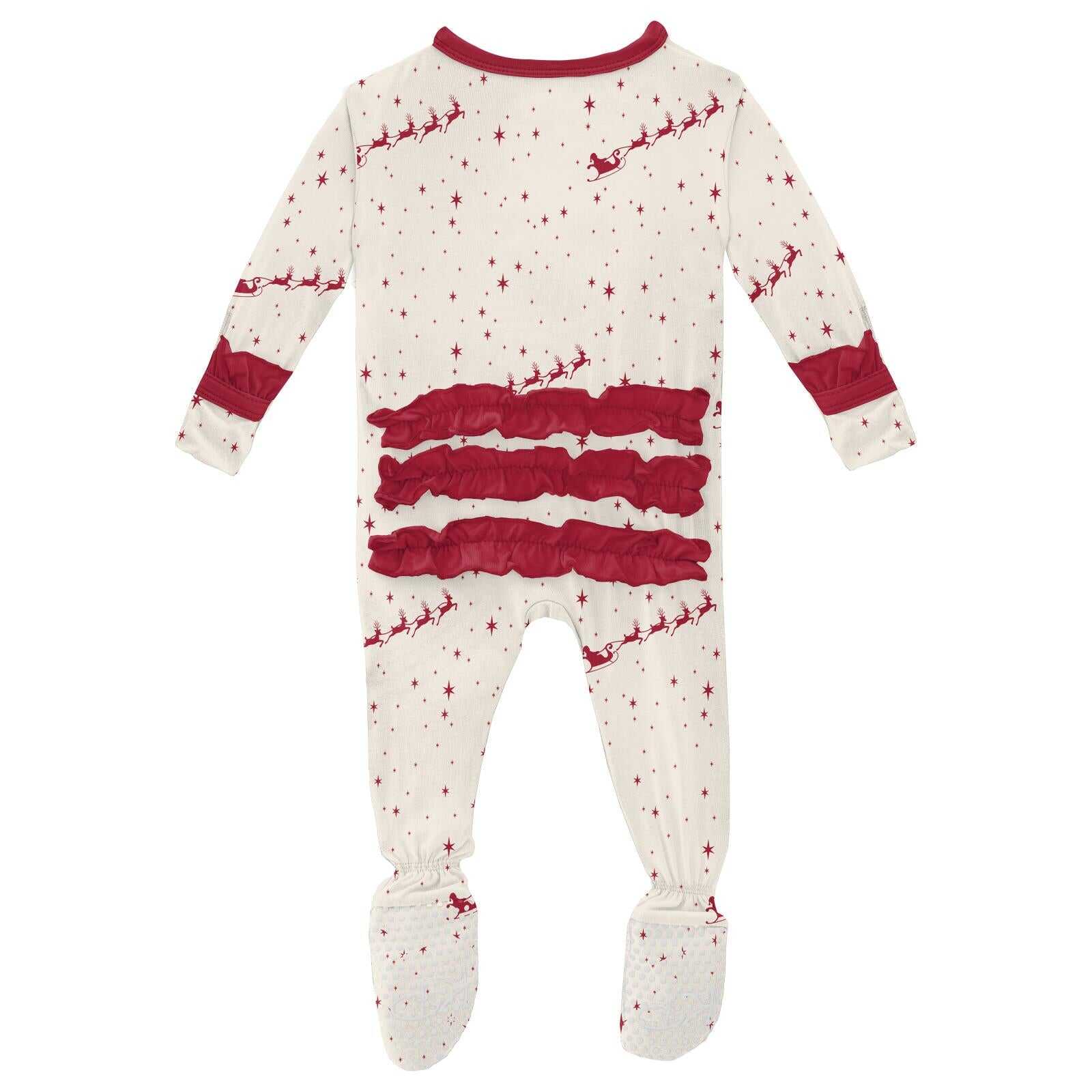 Print Classic Ruffle Footie with Zipper in Natural Flying Santa