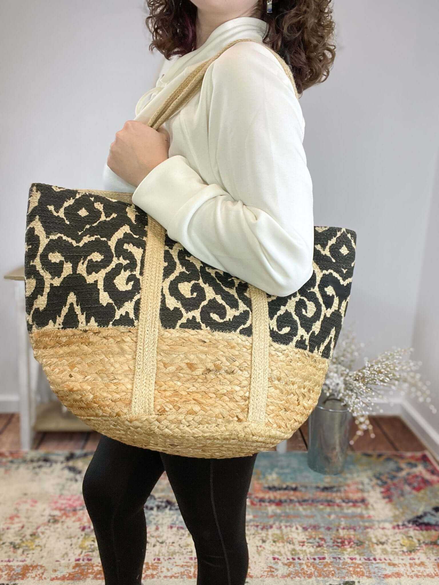Black Geo Vines Painted June Shopper Jute Tote Bag