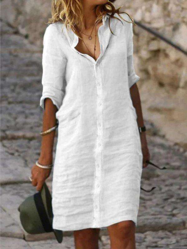 Lapel Buttoned Solid Color Cotton & linen Shirt Dress