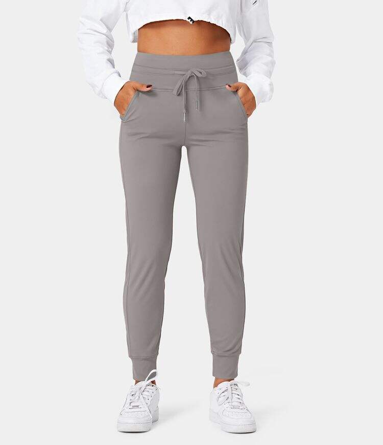 Airy High Waisted Drawstring Side Pocket Plain Cool Touch Full Length Joggers-UPF50+