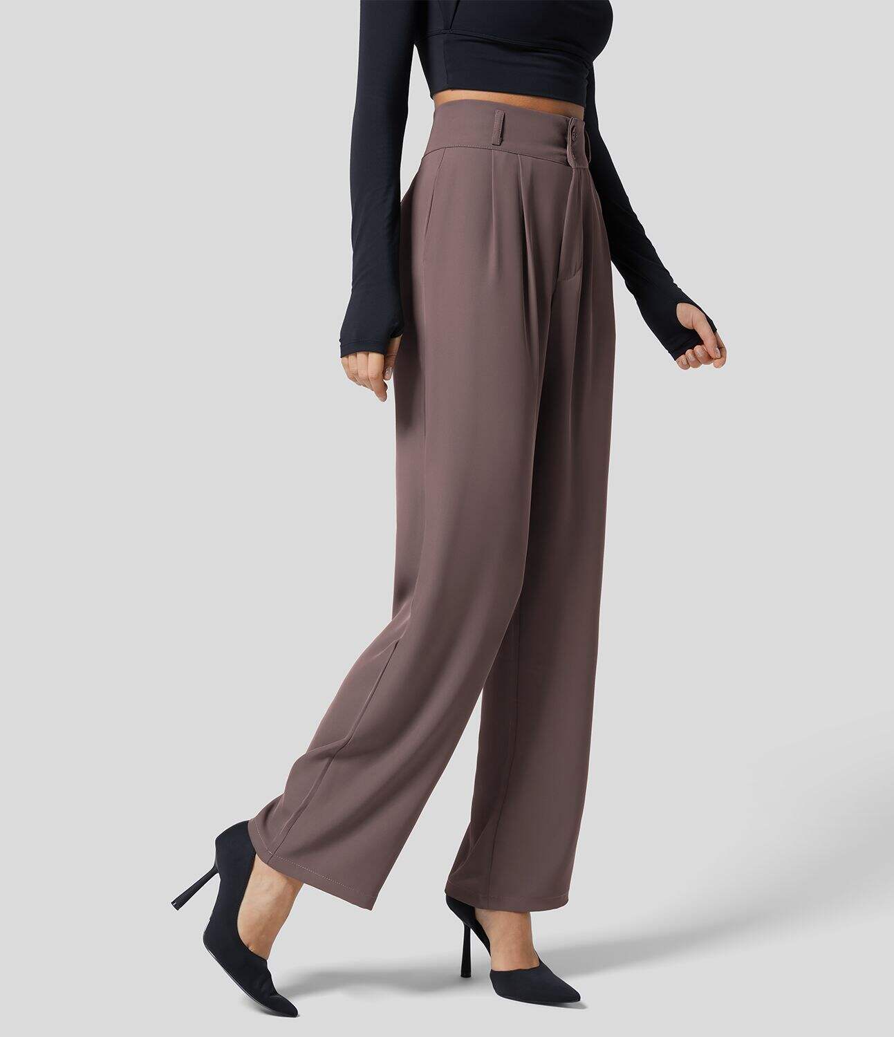 High Waisted Button Zipper Plicated Side Pocket Shirred Straight Leg Work Pants