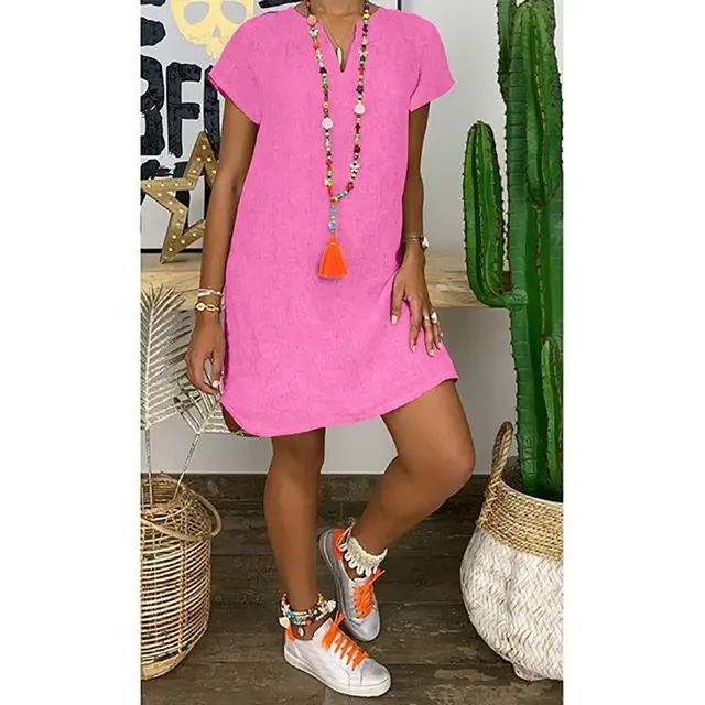 Summer loose solid color short sleeved V-neck cotton linen dress