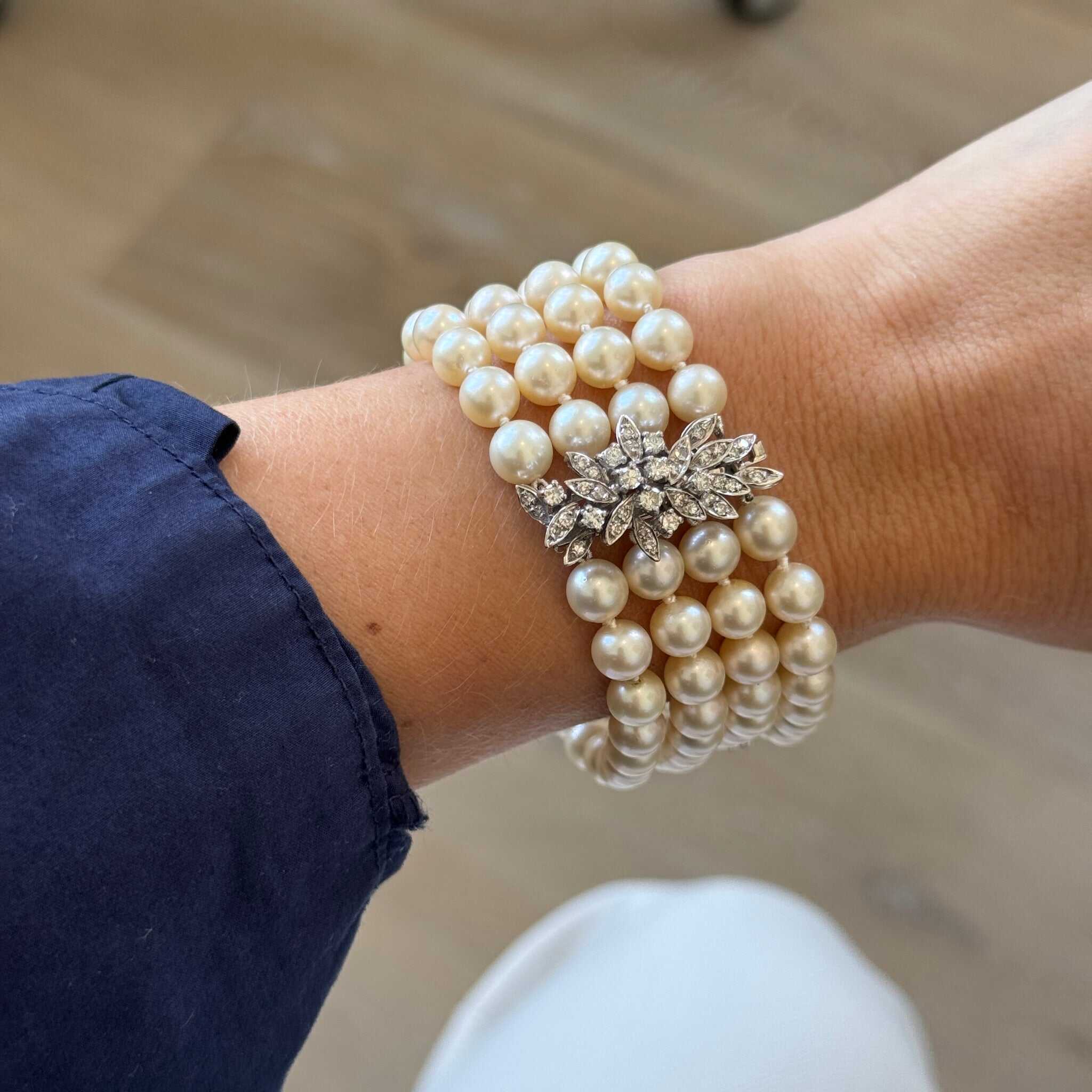 Vintage 4-Strand Pearl & Diamond 14K White Gold Bracelet