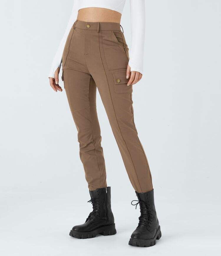 High Waisted Button Zipper Multiple Pockets Solid Skinny Hiking Cargo Pants