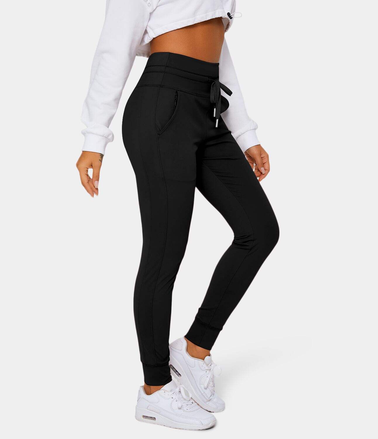 Airy High Waisted Drawstring Side Pocket Plain Cool Touch Full Length Joggers-UPF50+