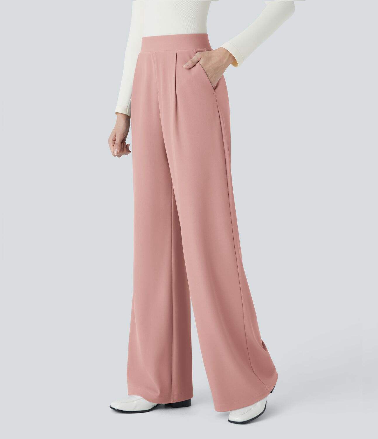 Ha High Waisted Body Sculpt Waist-Slimming Side Pocket Wide Leg Micro Waffle Work Pants