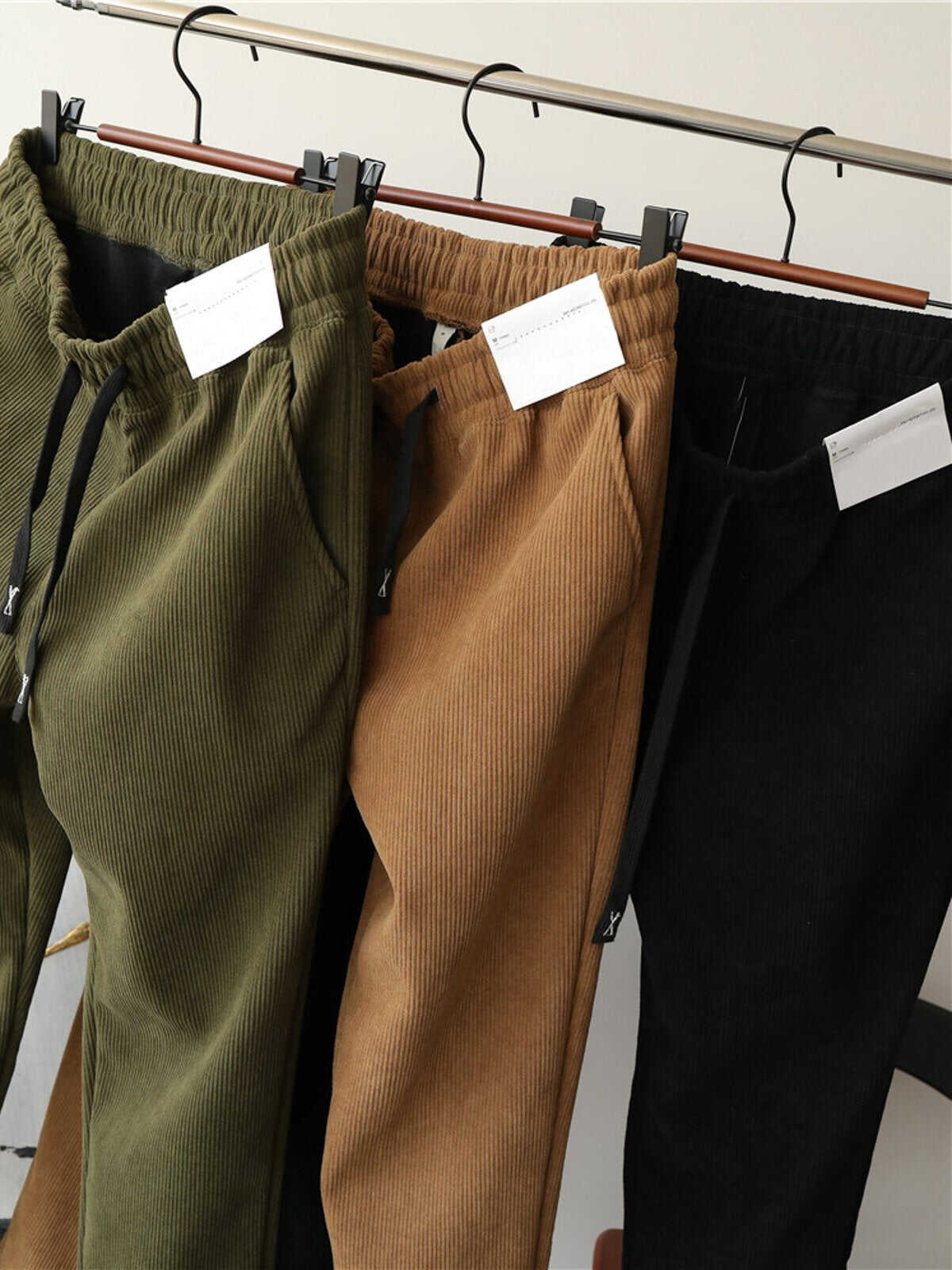 Corduroy Fleece-Lined Elastic Waist Straight Pants