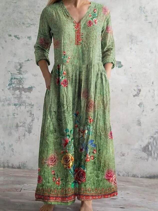 Women's Vintage Floral Art Print Pocket Cotton Dress