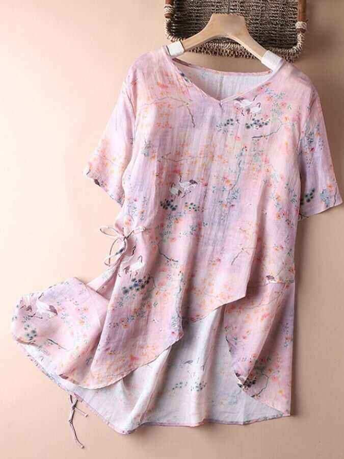 Printed Thin Vintage V-Neck Short Sleeved Shirt
