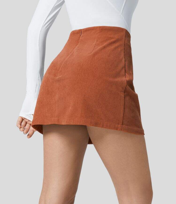 High Waisted Invisible Zipper 2-in-1 A Line Mini Corduroy Casual Skirt