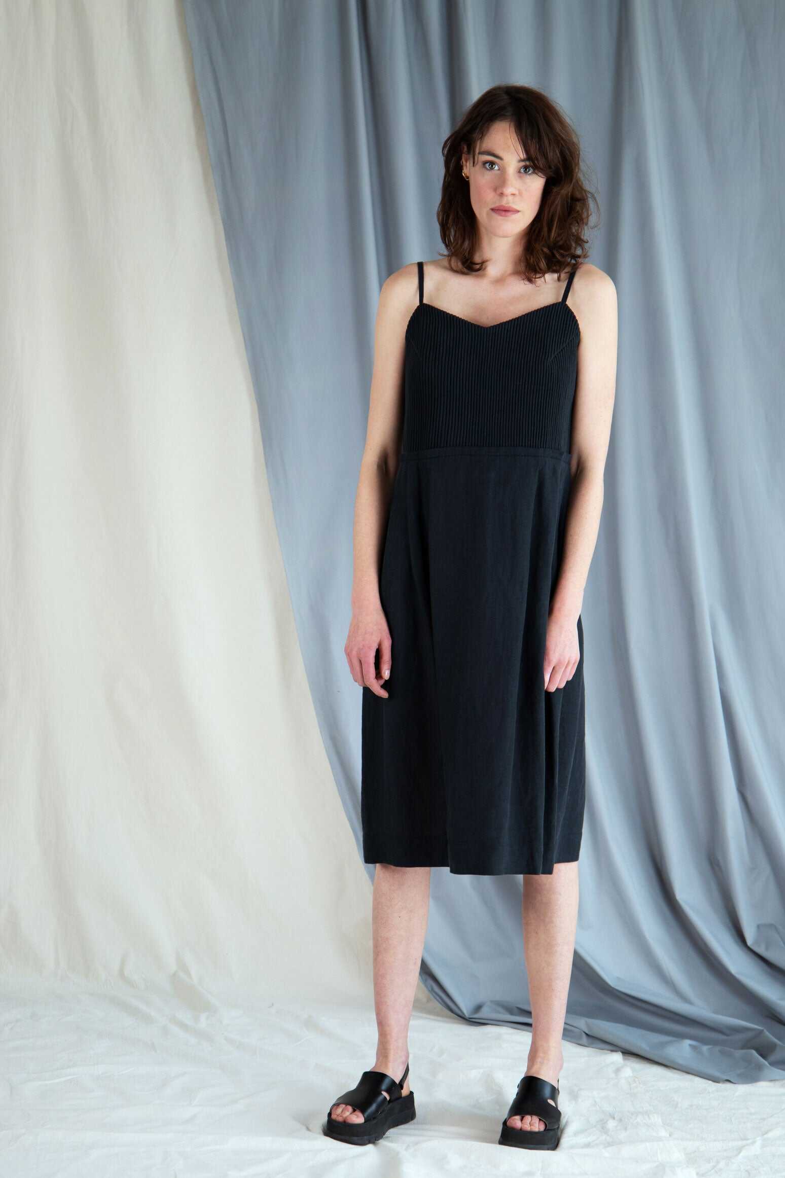 Corded linen midi dress - Black