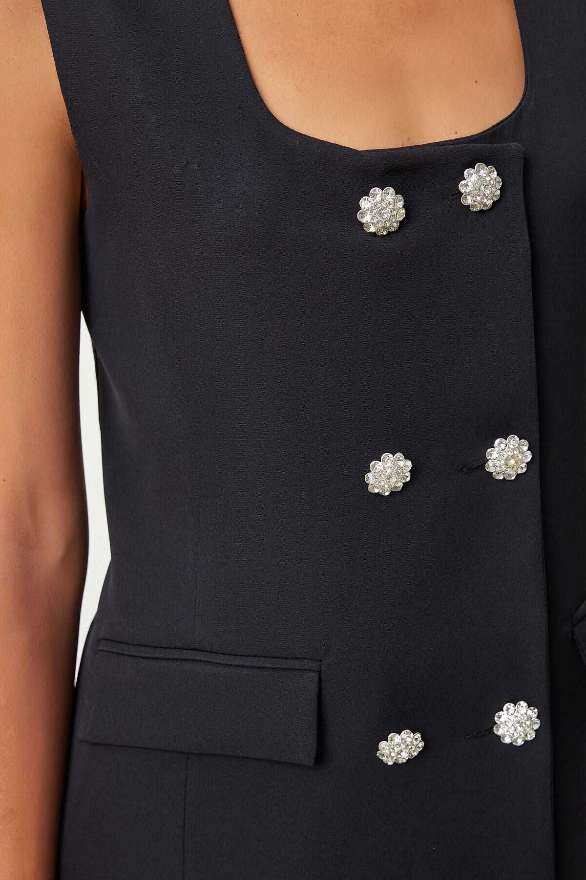 Silkcomo Elegant Black Double-Breasted Sleeveless Suit with Wide-Leg Trousers Set