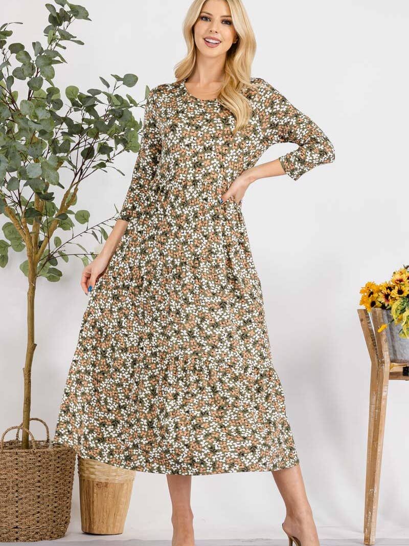 Floral Tiered 3/4 Sleeve Midi Dress