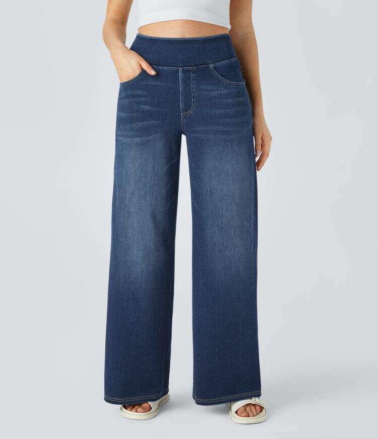 High Waisted Multiple Pockets Wide Leg Washed Stretchy Knit Casual Jeans