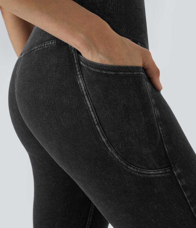 Crossover Side Pocket Washed Stretchy Knit Denim Work Leggings