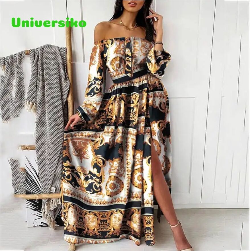 V-neck pulower vintage sukienka maxi z długim rękawem