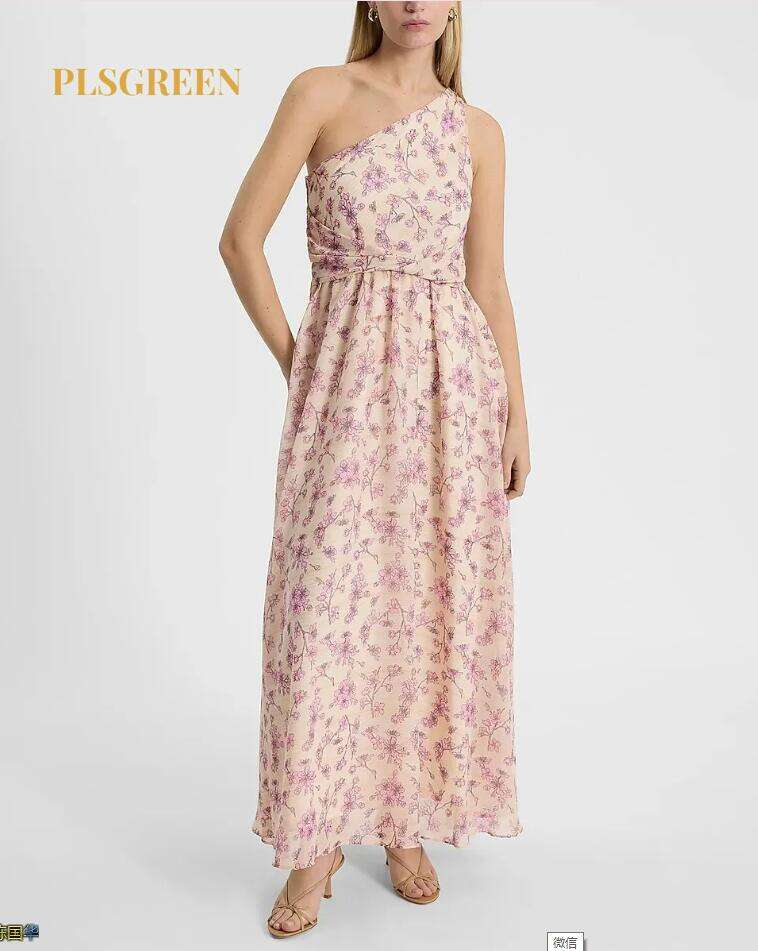 Metallic Floral One Shoulder Pleated Maxi Dress