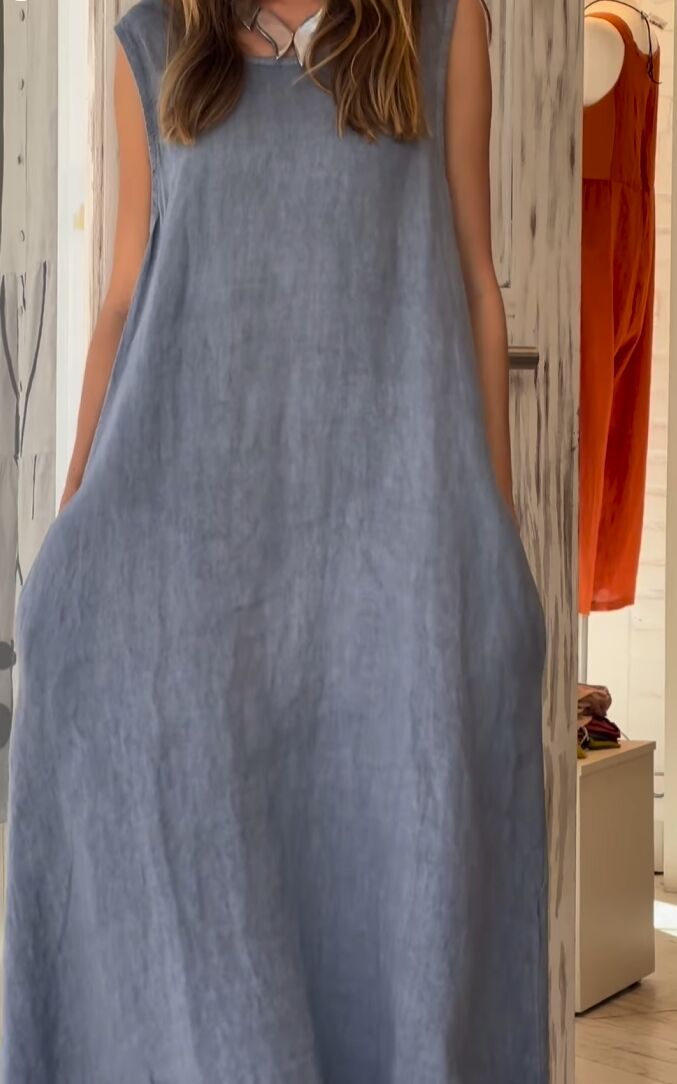 Casual cotton and linen long dress with pockets