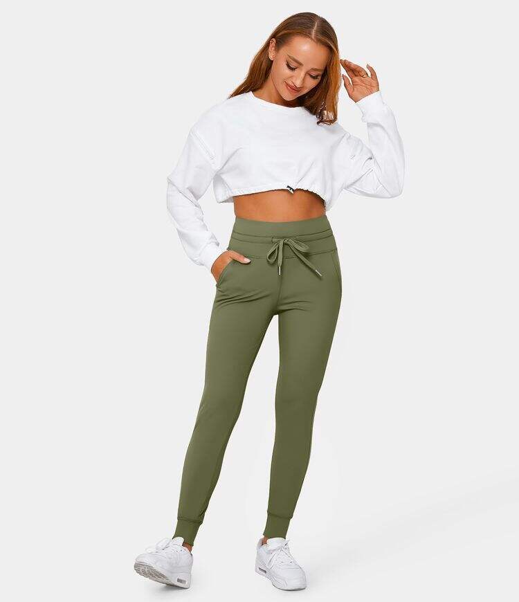 Airy High Waisted Drawstring Side Pocket Plain Cool Touch Full Length Joggers-UPF50+