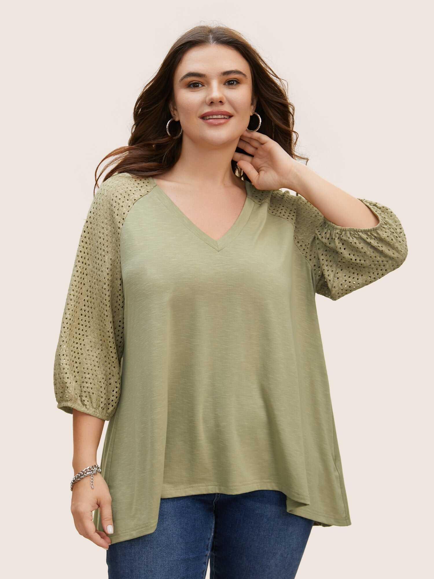 Texture Cut Out Patchwork Lantern Sleeve T-shirt