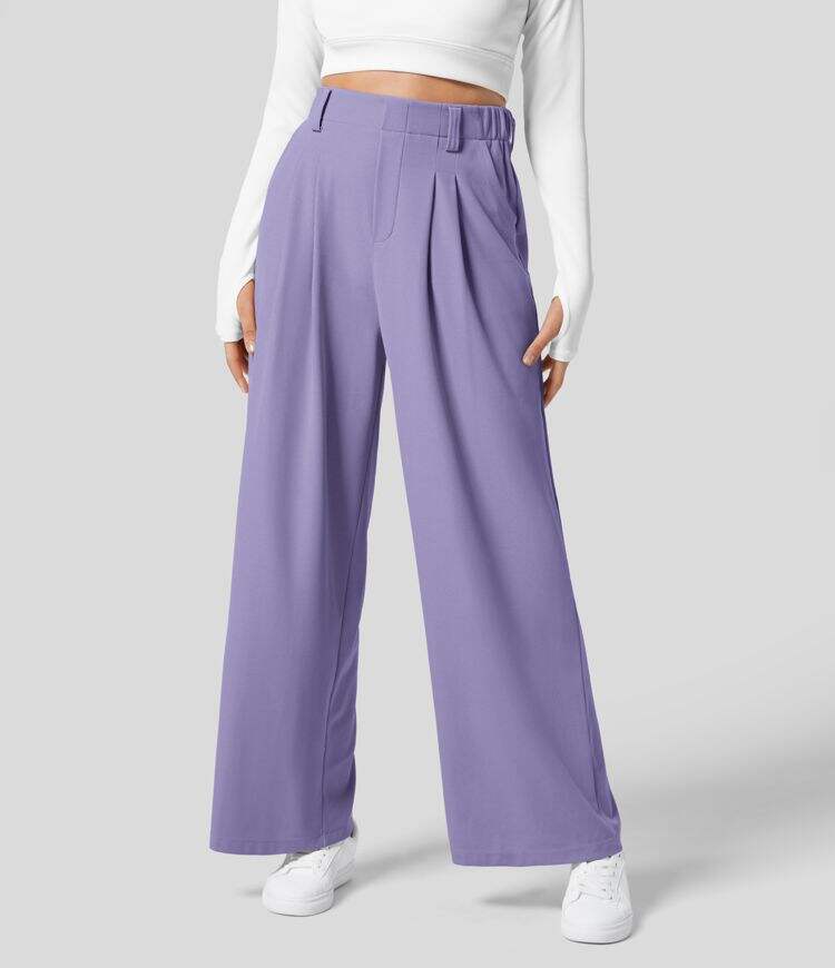 High Waisted Plicated Side Pocket Wide Leg Waffle Work Pants